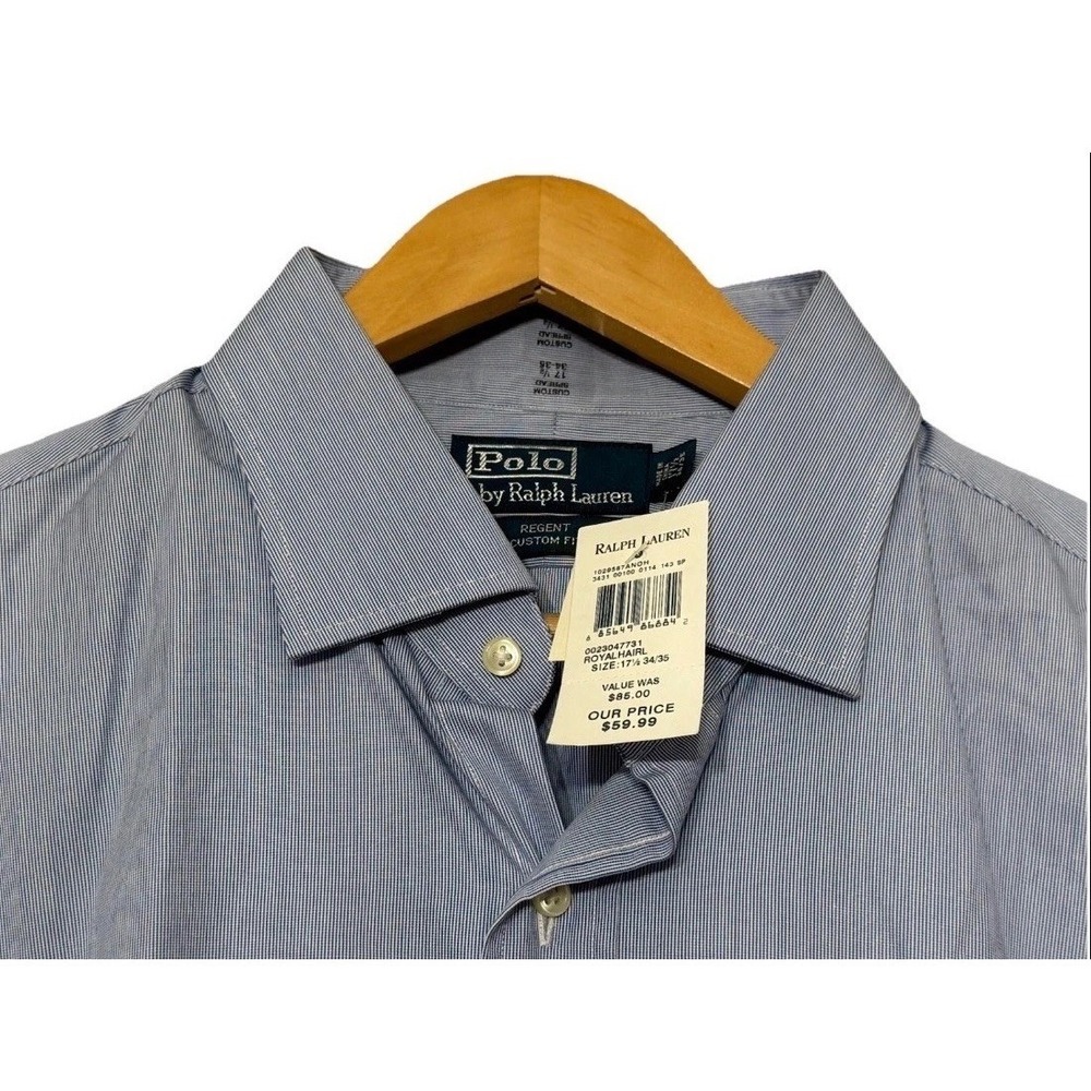 VTG Polo Ralph Lauren Regent Custom Fit Dress Shirt Blue Stripe 17.5 34/35 NWT